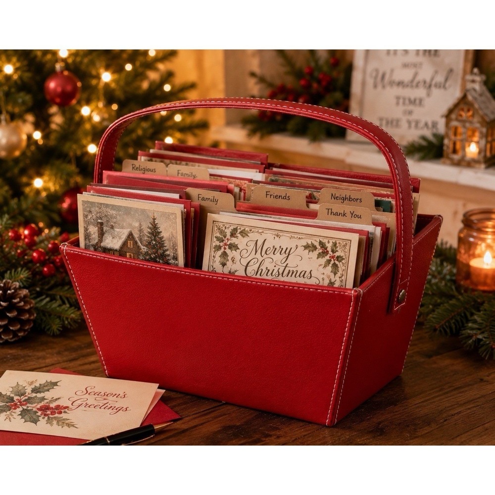 Bath & Body Works Red Faux Leather Storage Caddy Basket Handle Holiday Decor